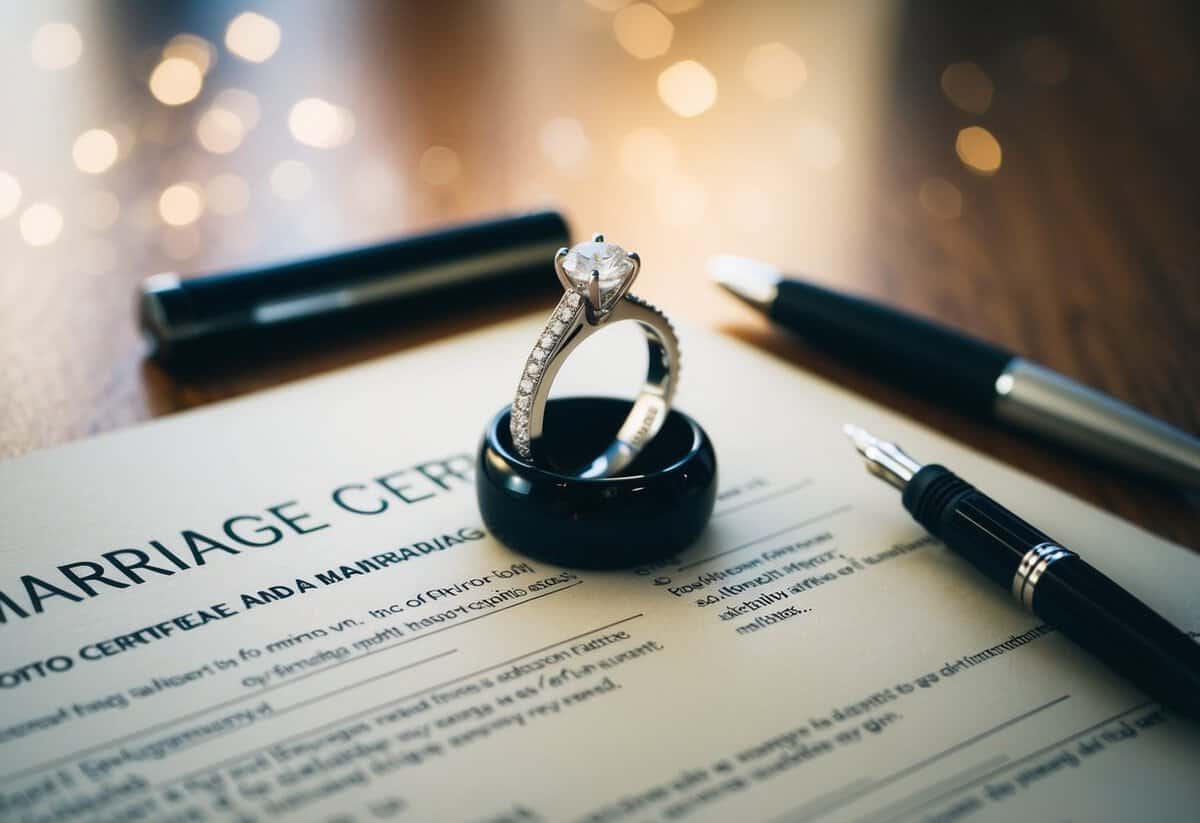 A wedding ring placed on top of a marriage certificate with a pen nearby