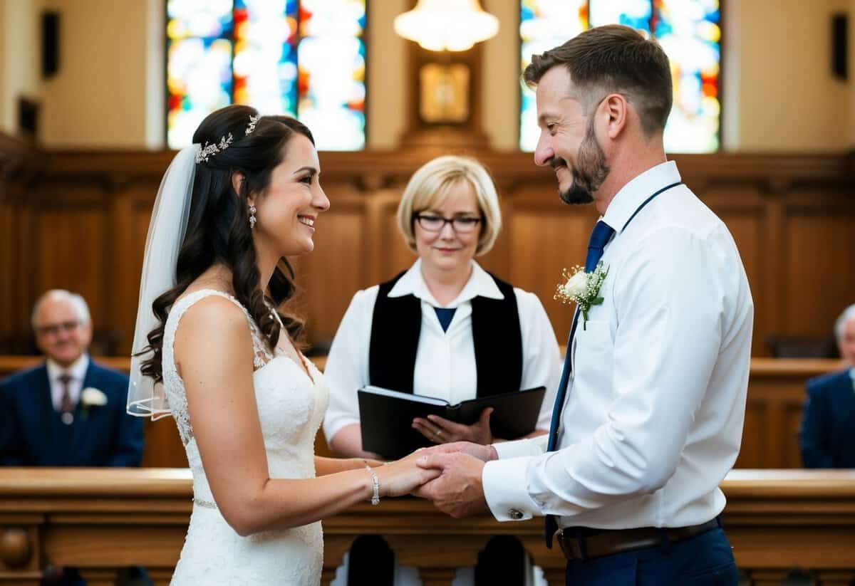 A couple standing before a registrar at a town hall, exchanging vows