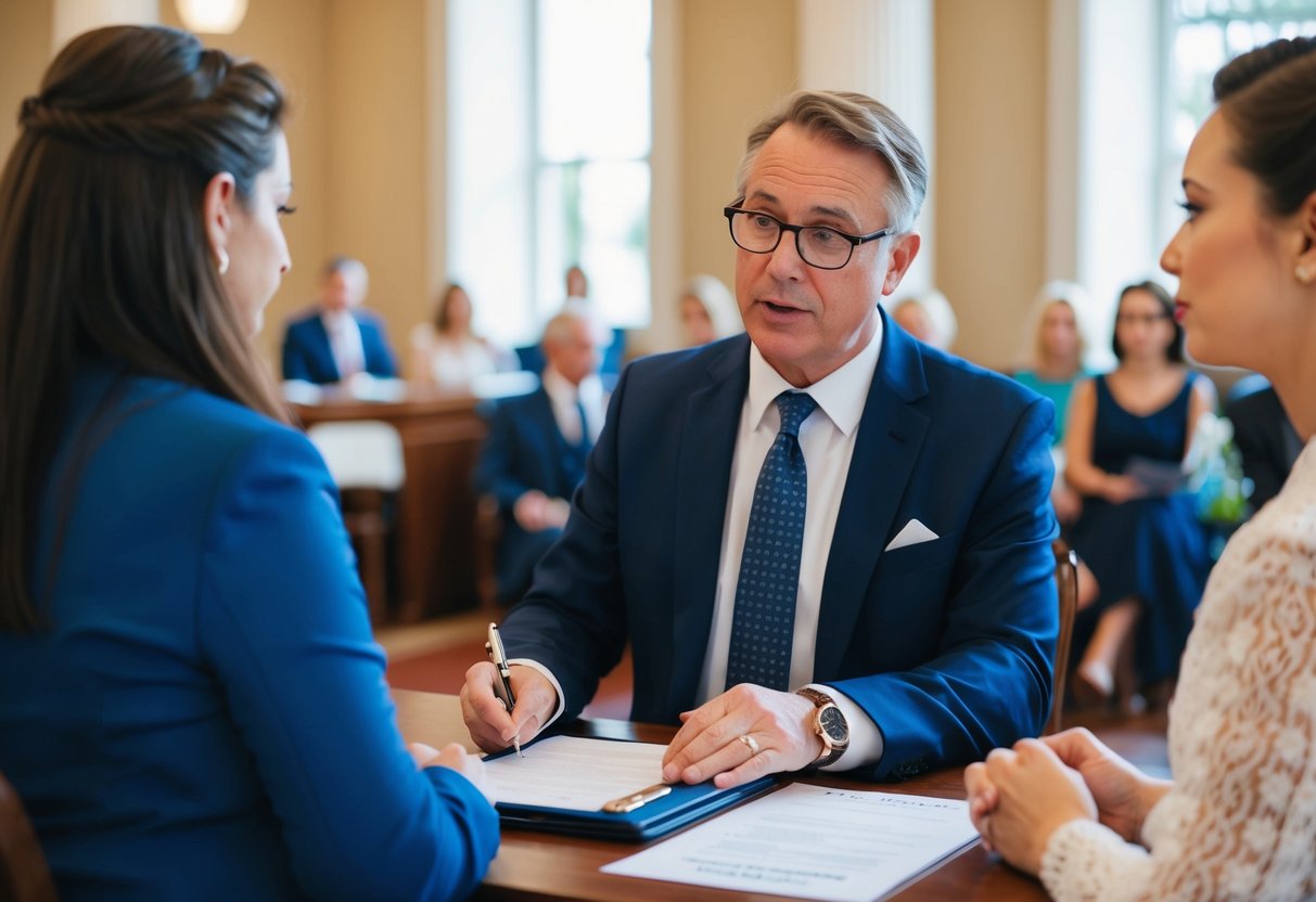 A registrar asks about personal information, previous marriages, and legal eligibility before marriage