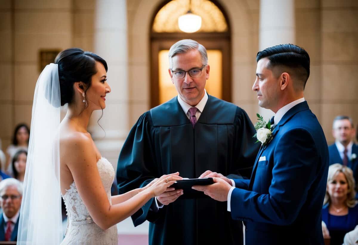 A government official officiates a wedding ceremony in a courthouse