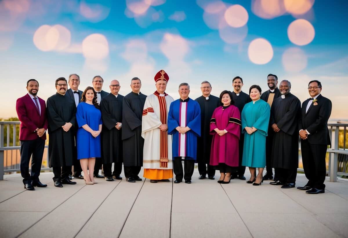 A diverse group of secular officiants standing together, representing various backgrounds and cultures