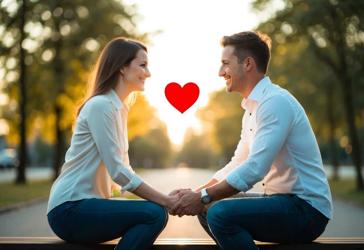 A couple sitting together, facing each other, holding hands, with a heart-shaped symbol floating between them
