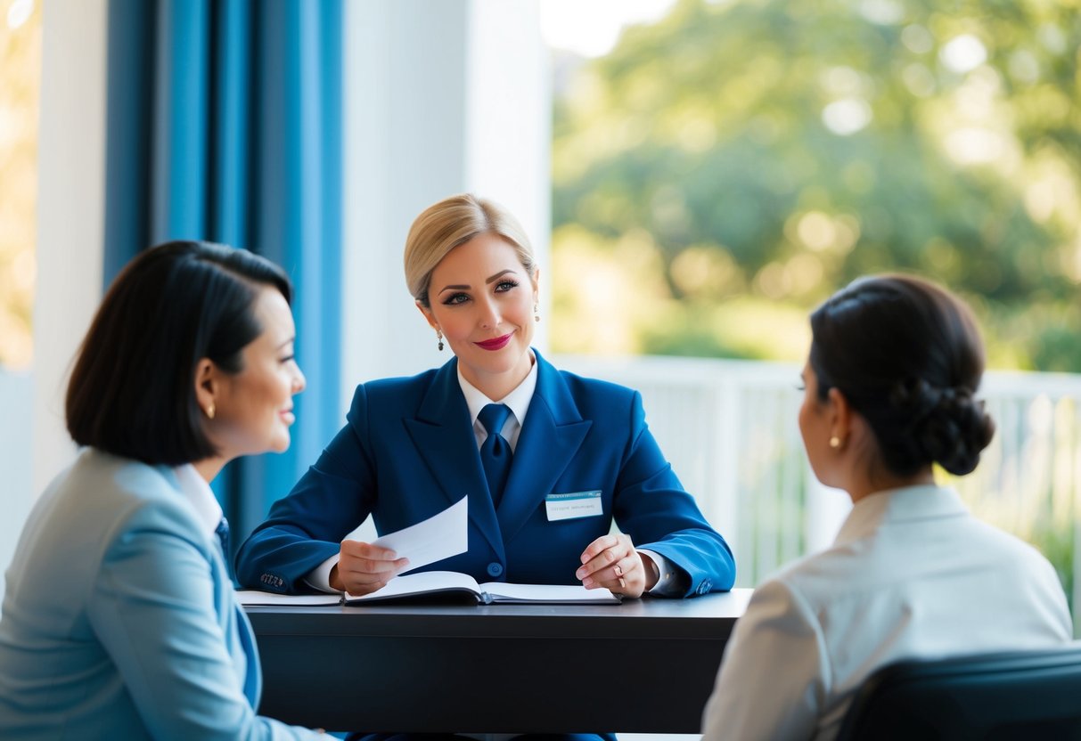 A registrar sitting at a desk, asking a couple about their personal readiness and relationship considerations before marriage