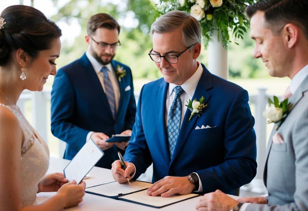A government official officiates a non-religious marriage ceremony, signing legal documents as the couple exchanges vows