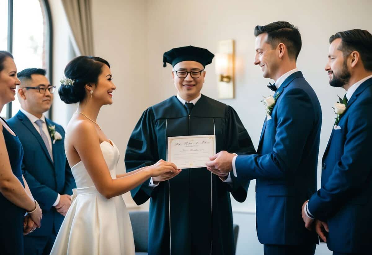 An officiant stands before a couple, holding a marriage certificate. They exchange vows in a non-religious setting, with witnesses looking on