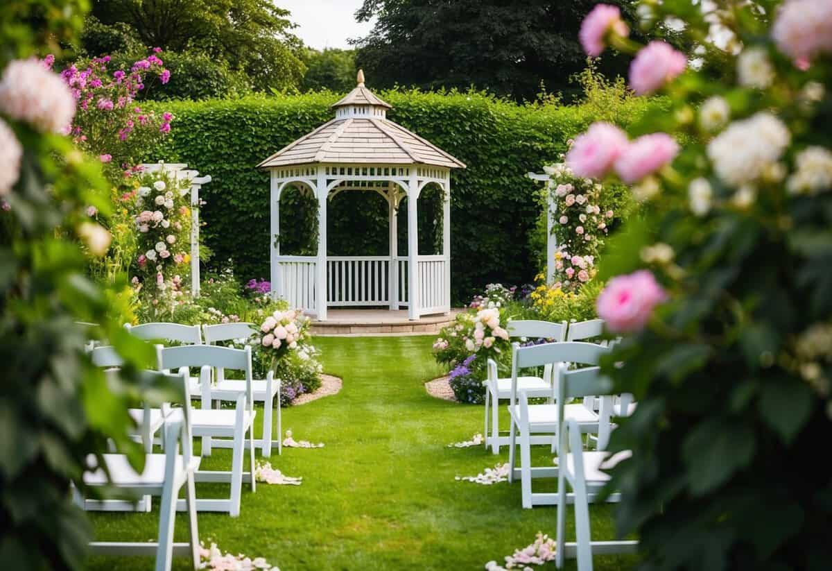 A lush garden with blooming flowers and a charming gazebo set up for a wedding ceremony in the UK