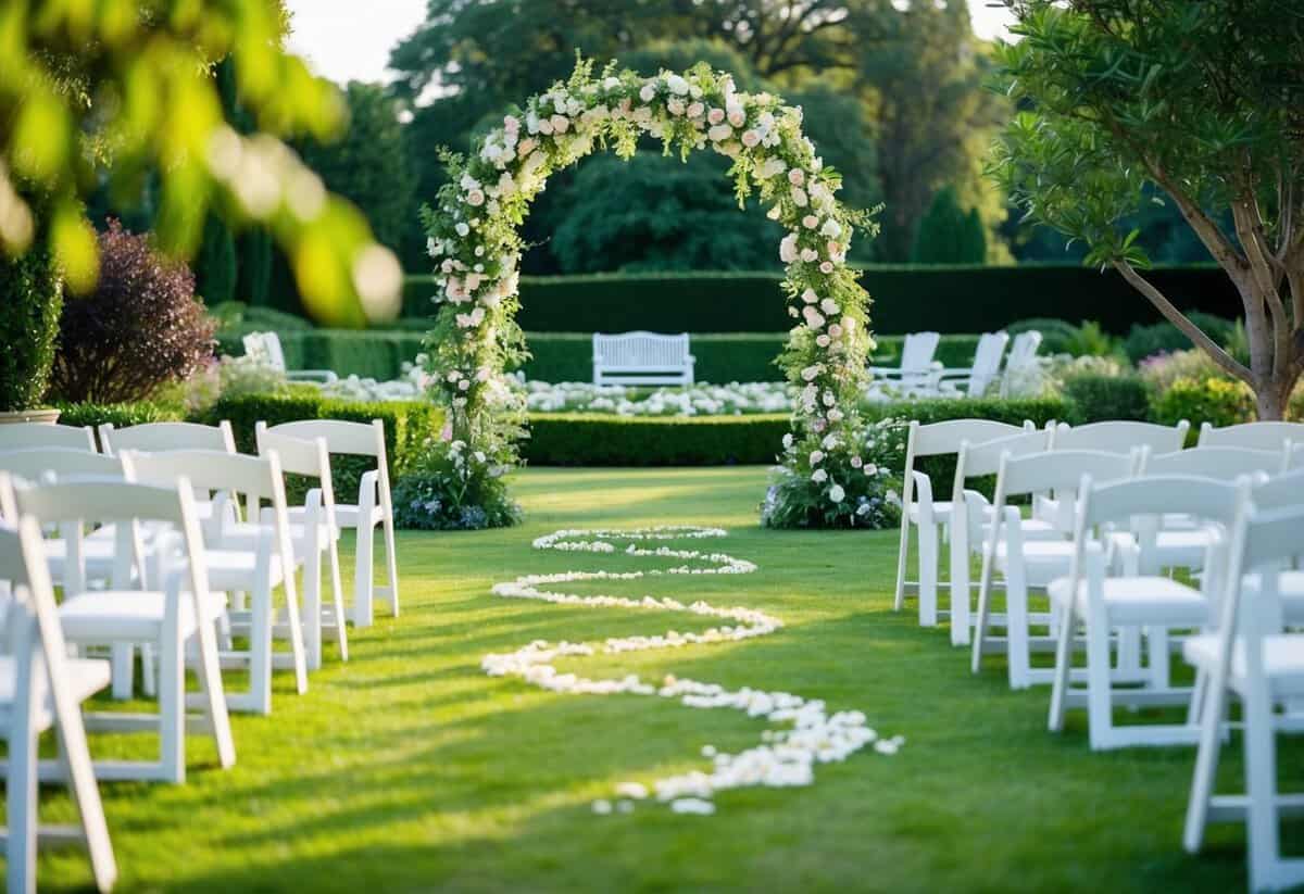 A lush garden with a flower-covered arch, winding path, and scattered seating for a wedding ceremony