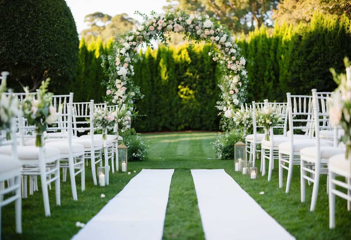 A lush garden with a blooming flower arch, elegant chairs, and a white aisle for a wedding ceremony