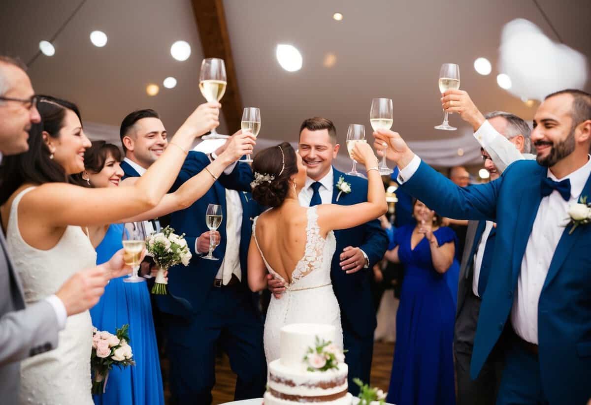 Guests raise glasses, clink, and toast. A couple dances, surrounded by well-wishers. Flowers adorn tables, and a cake waits to be cut