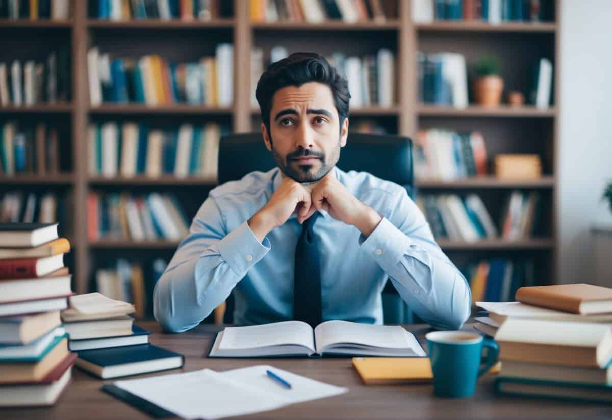 A humanist sitting at a desk surrounded by books and papers, deep in thought with a contemplative expression
