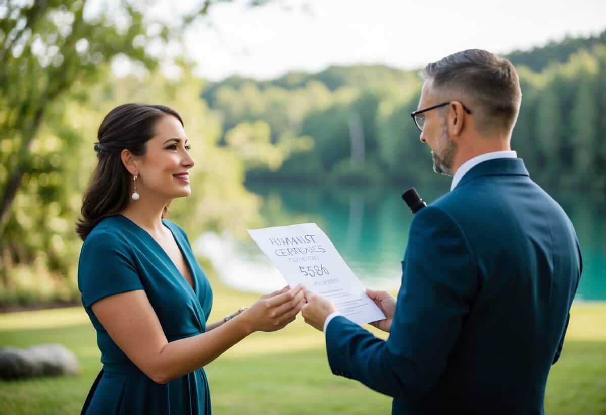 A person inquiring about Humanist Ceremonies pricing from a humanist officiant at a tranquil outdoor setting