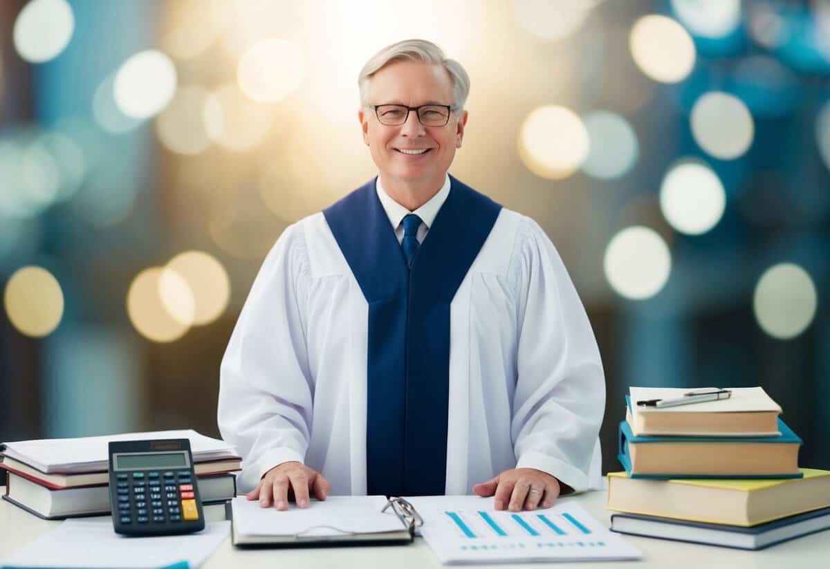 A humanist celebrant stands behind a table, surrounded by books and papers. A calculator and a notepad with various figures are visible