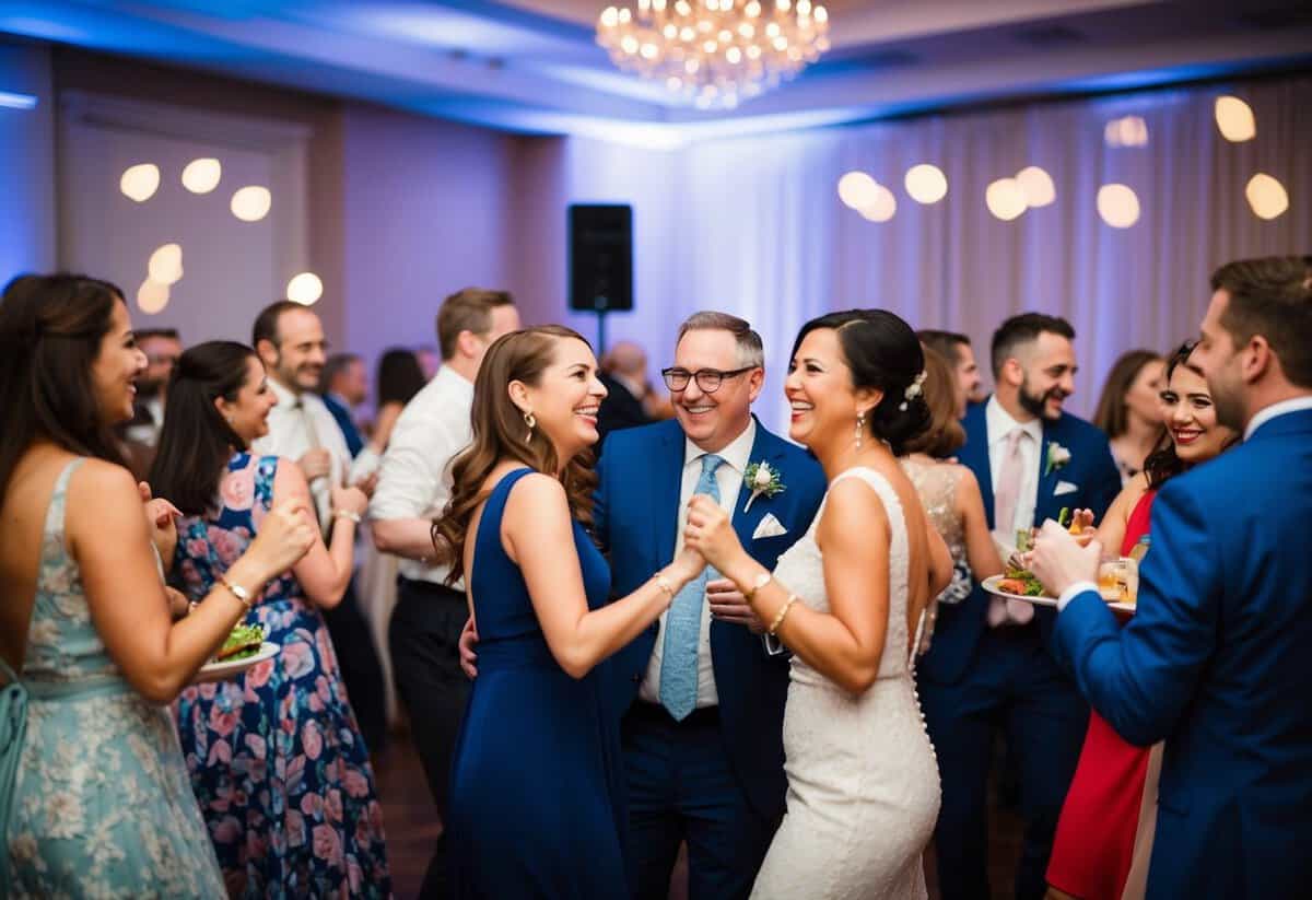 Guests mingle, laugh, and share stories. Some dance, while others enjoy food and drinks. The atmosphere is joyful and celebratory