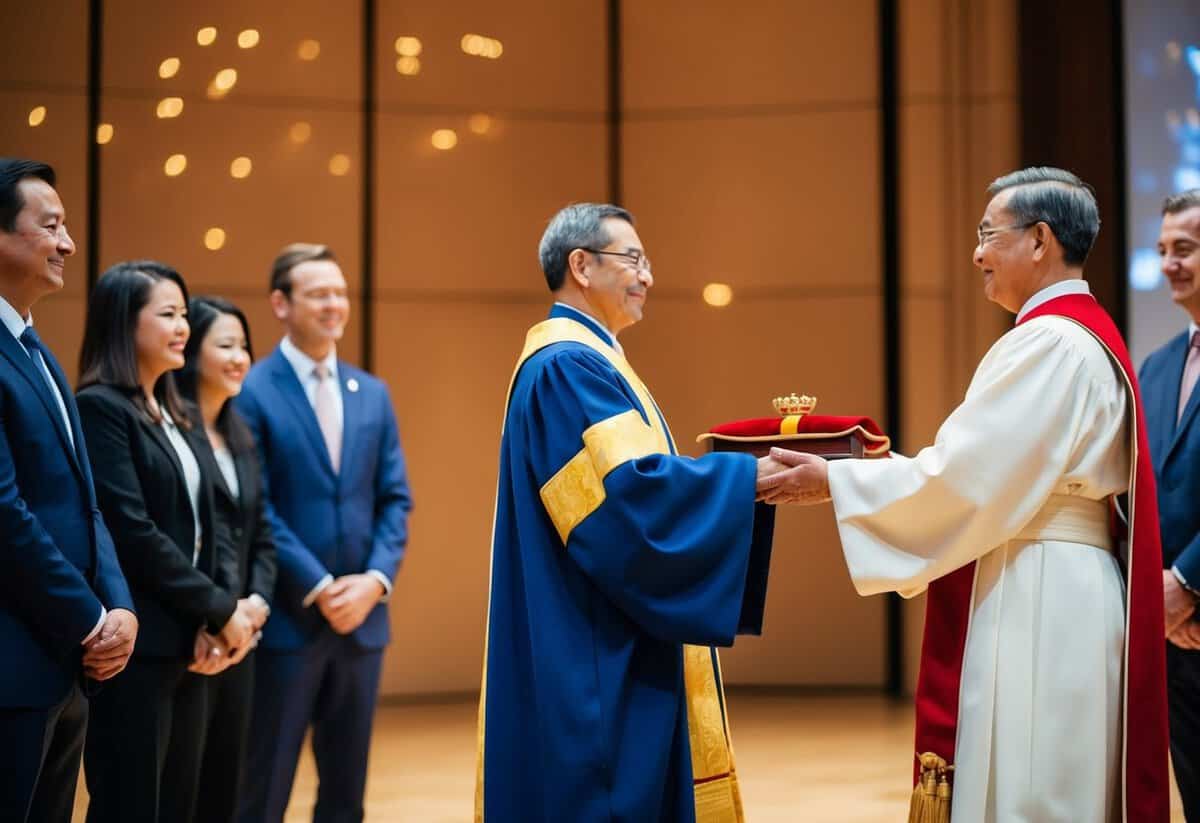 A figure standing before a group, receiving a ceremonial robe and a symbol of authority