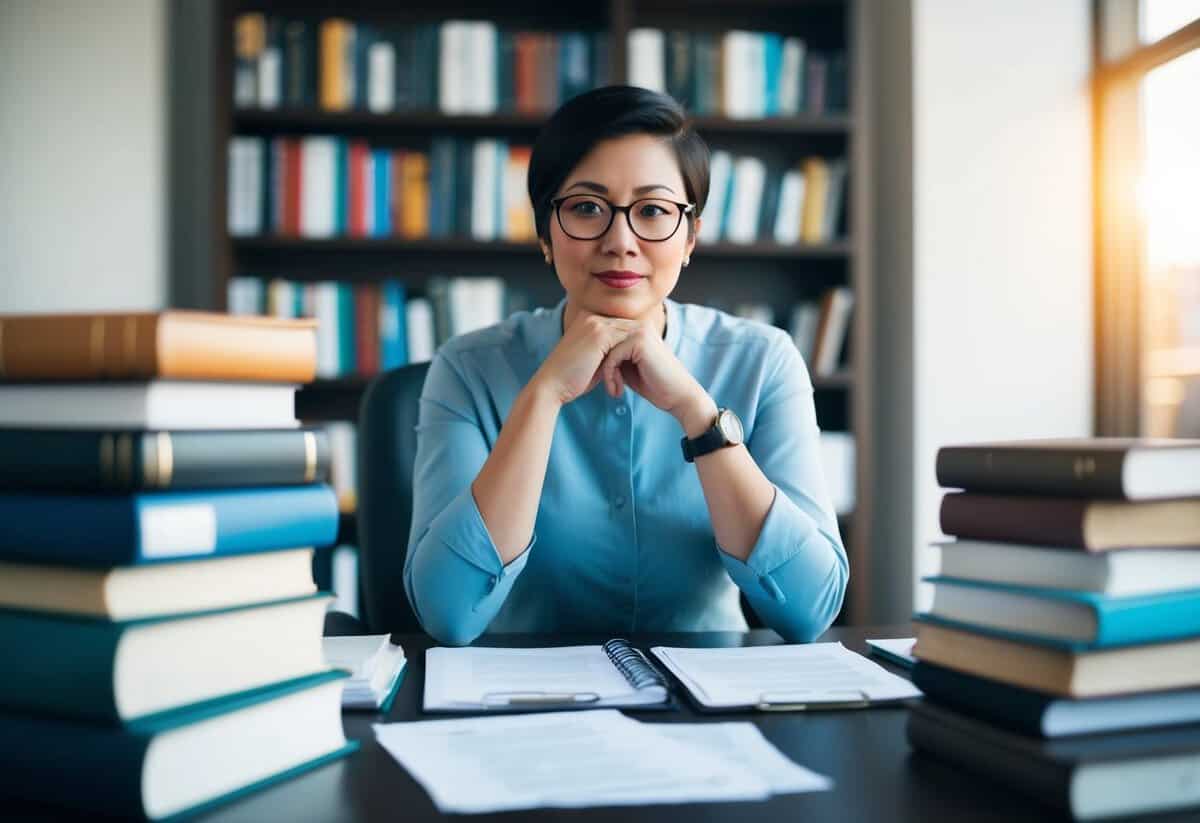 A person sitting at a desk, surrounded by books and papers, with a thoughtful expression on their face as they consider various options and services