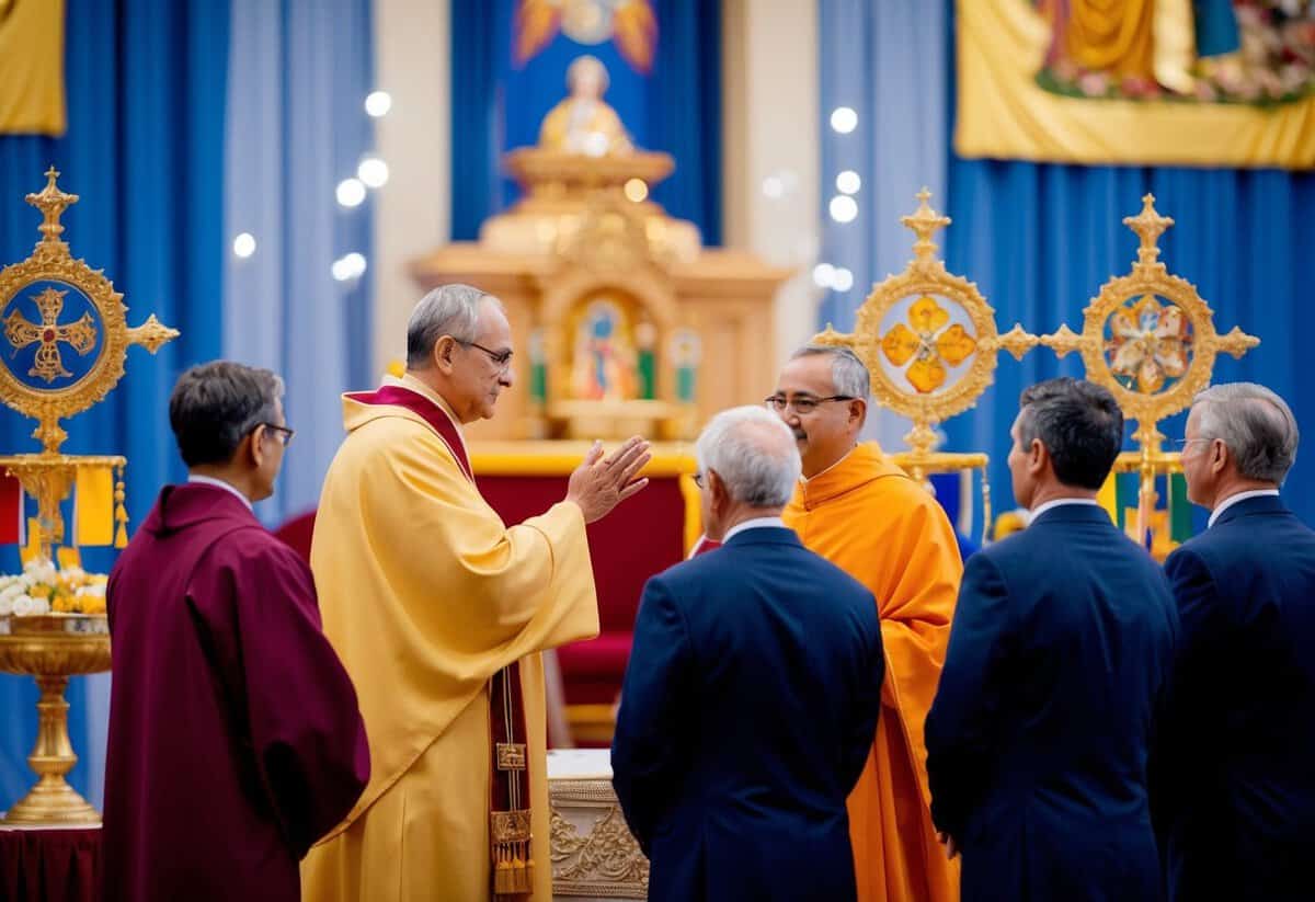 A figure stands before a group, receiving a ceremonial blessing and recognition of authority. Symbols of religious significance surround the scene