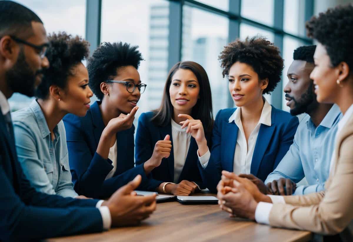 A group of diverse individuals engage in deep conversation, expressing a range of emotions through their facial expressions and body language