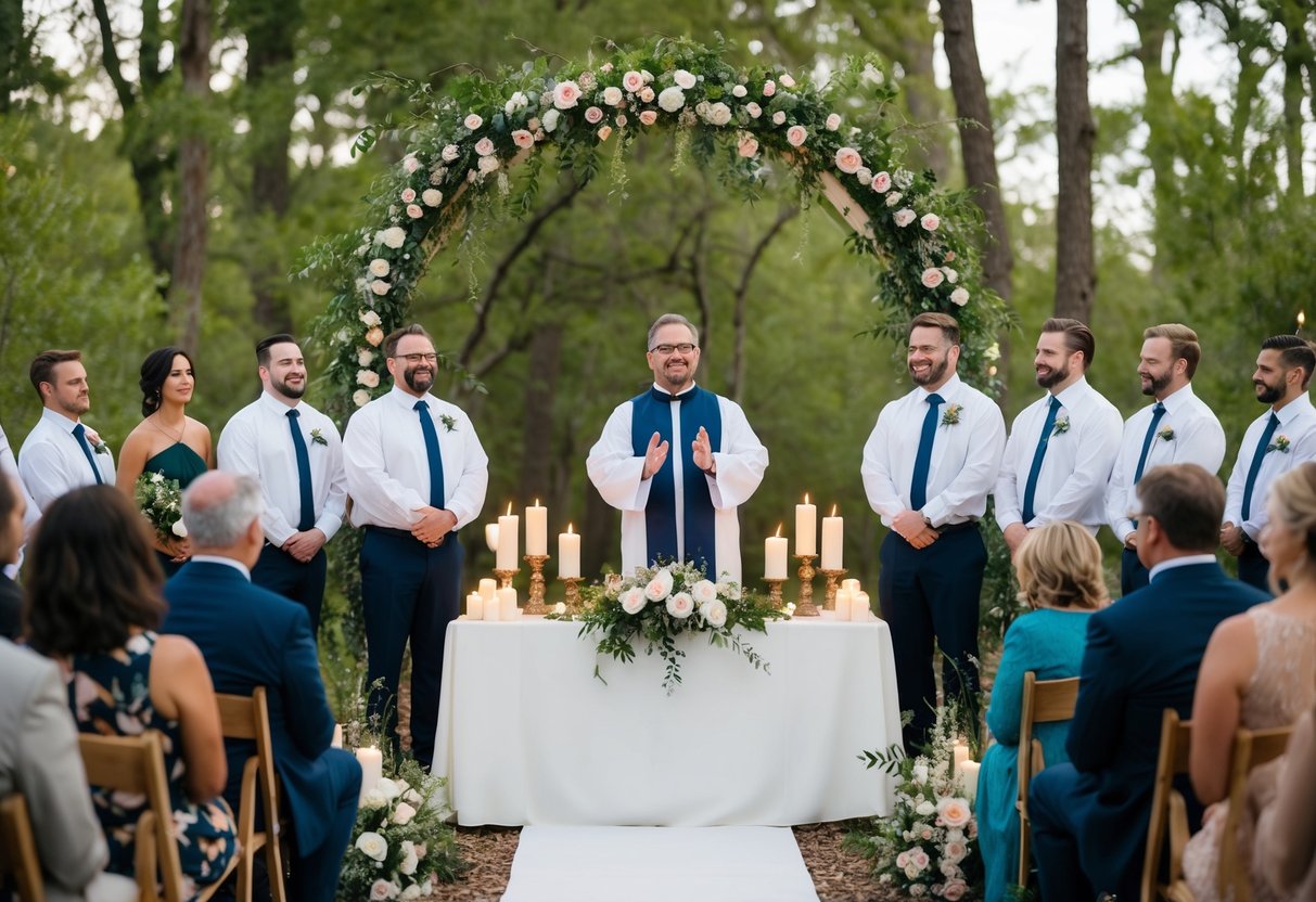 A celebrant stands at the center of a non-religious wedding ceremony, surrounded by nature and adorned with symbolic elements such as candles, flowers, and a ceremonial table