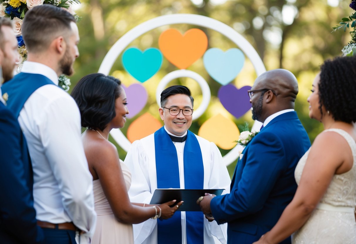 A celebrant officiating a secular wedding ceremony, surrounded by diverse and inclusive symbols of love and unity