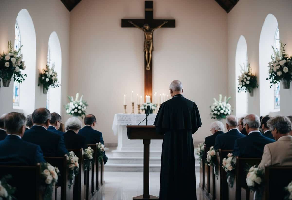 A somber figure stands at a lectern in a quiet chapel, surrounded by mourners. Flowers and candles adorn the room, creating a solemn atmosphere