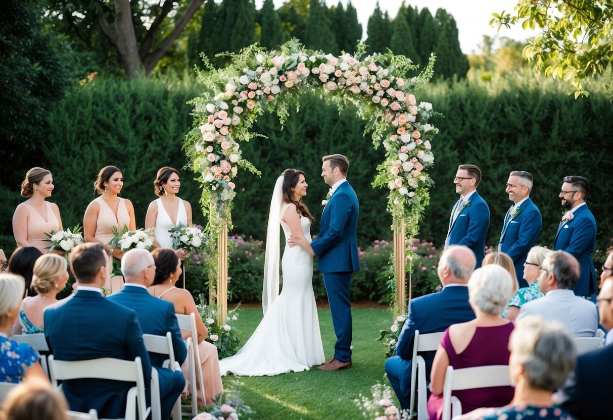A couple stands beneath a floral arch as a celebrant leads a non-religious wedding ceremony, surrounded by smiling guests in a lush garden setting