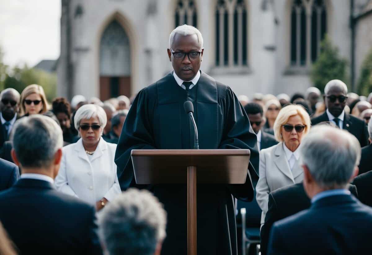 A funeral officiant standing at a lectern, surrounded by mourners in a solemn atmosphere