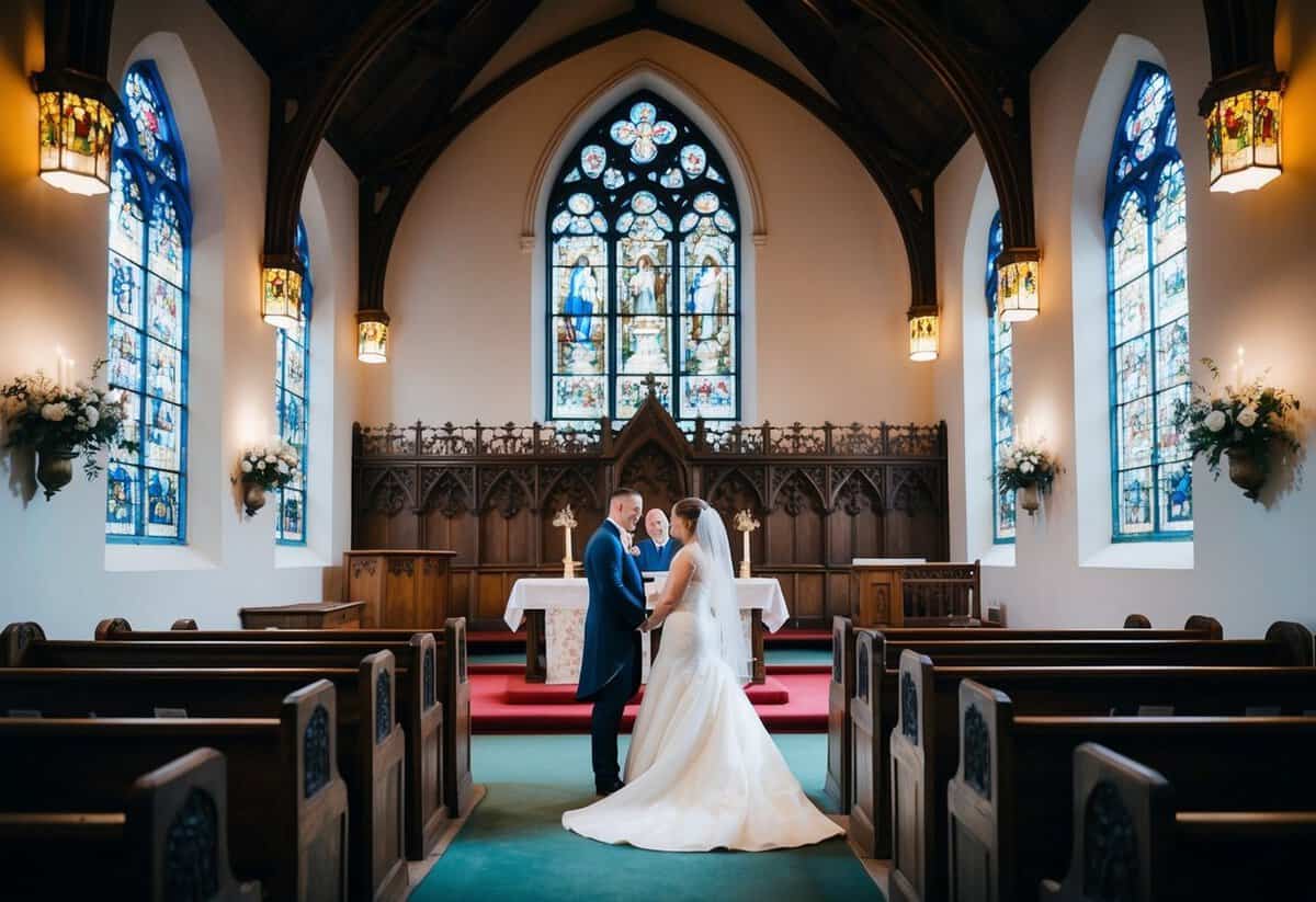 A traditional church wedding in the UK, with a couple standing at the altar surrounded by ornate stained glass windows and intricate wooden pews
