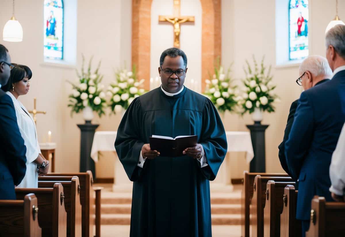 A funeral officiant leading a service in a serene chapel setting