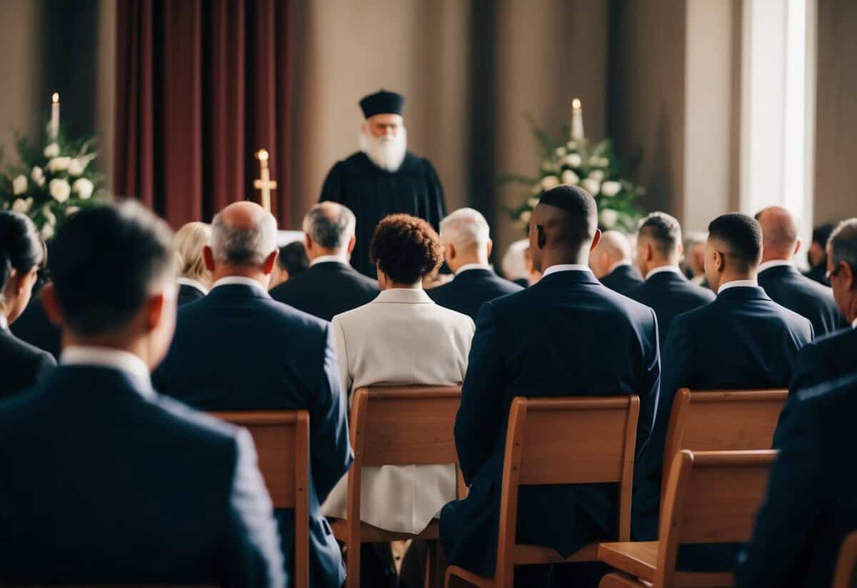 A somber funeral setting with a figure presiding over the ceremony
