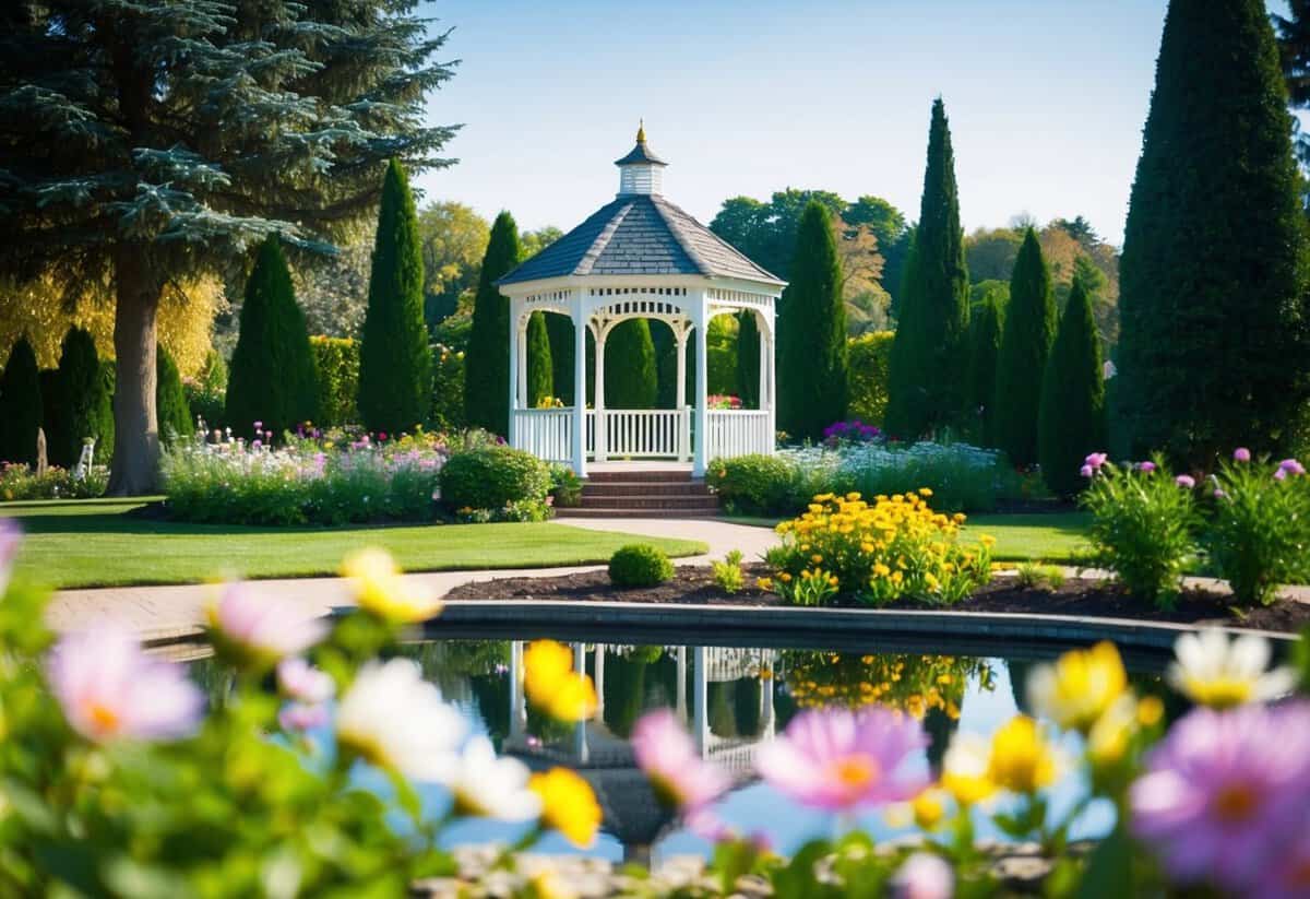 A picturesque garden with a gazebo and blooming flowers, surrounded by tall trees and a serene pond