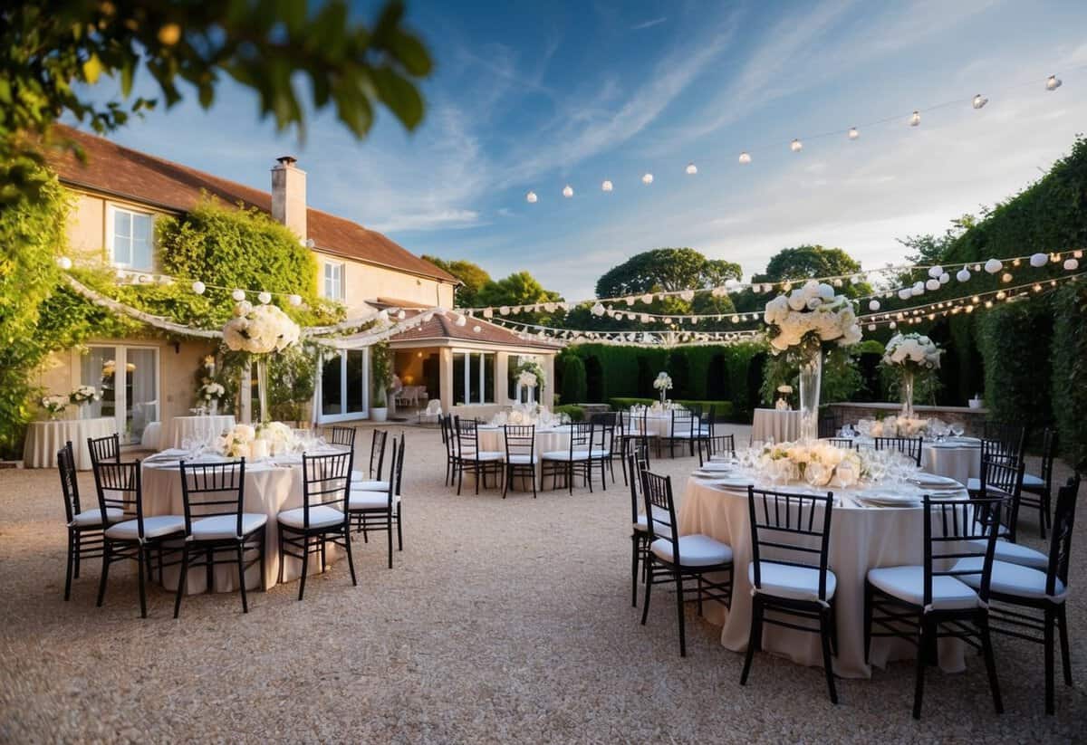 A picturesque property with a spacious outdoor area, adorned with elegant decorations and seating arrangements, ready for a wedding celebration