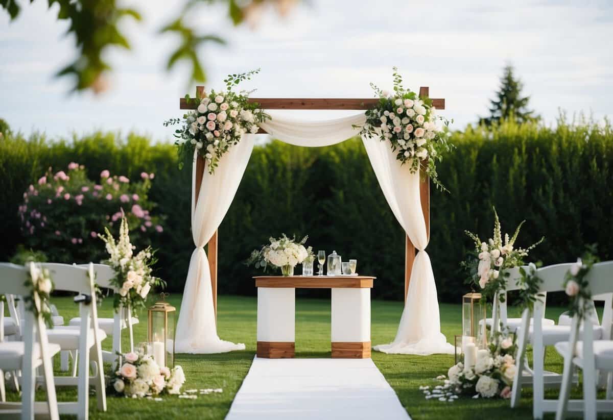 A beautiful outdoor wedding setup with elegant decorations and personalized touches, set against a backdrop of lush greenery and blooming flowers