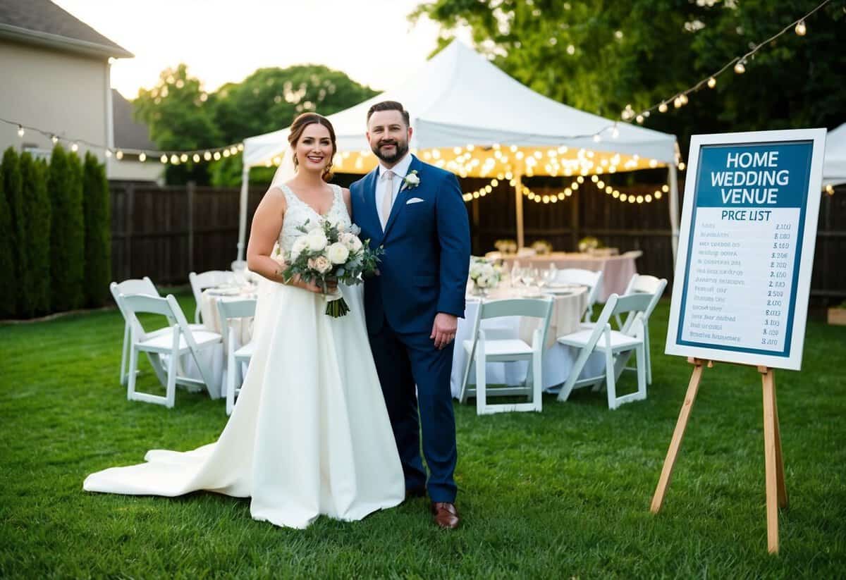 A couple stands in a backyard surrounded by a tent, chairs, and decorations. A sign reads "Home Wedding Venue" with a price list displayed nearby