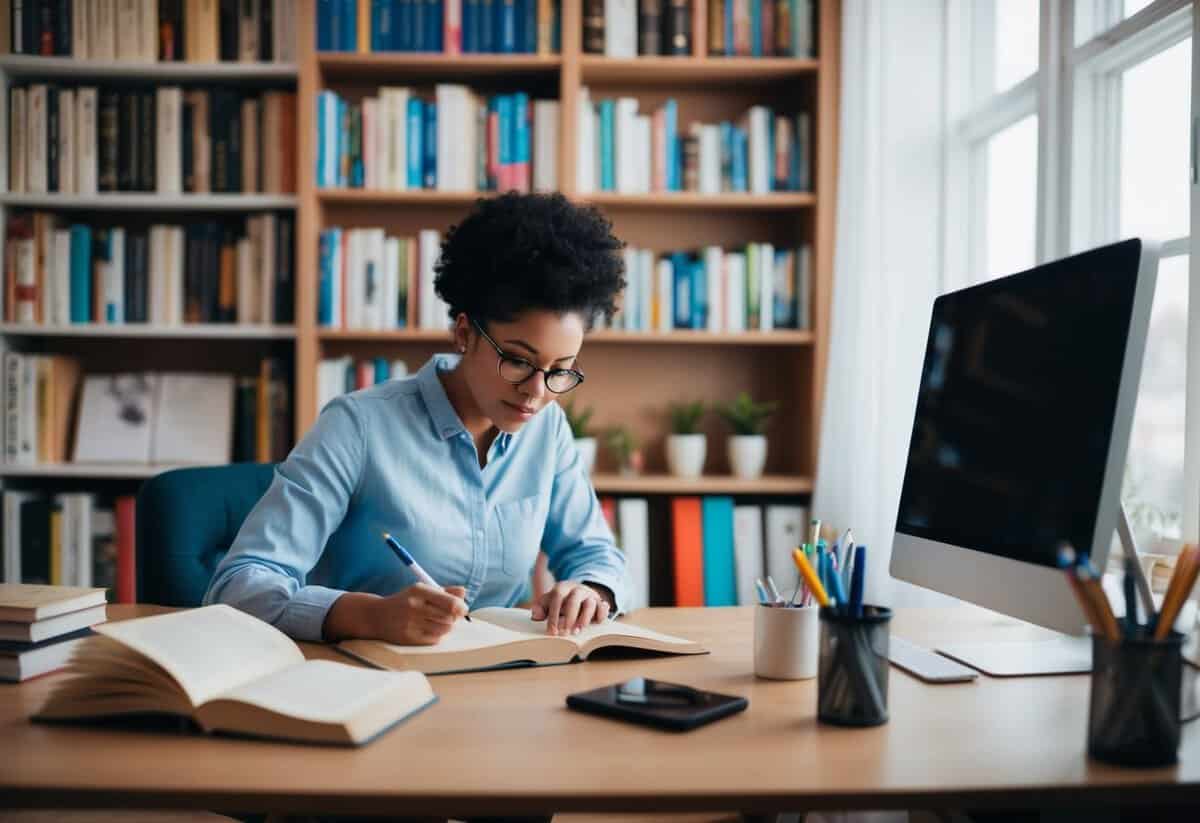 A person studying books and taking notes in a cozy home office, surrounded by shelves of literature and a desk with a computer and writing supplies