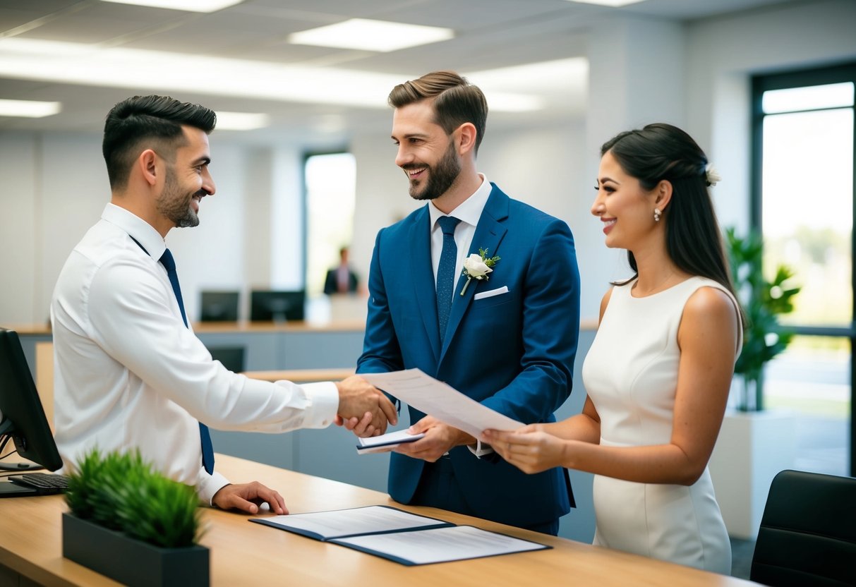 A couple standing at a registry office counter, handing over documents to a clerk