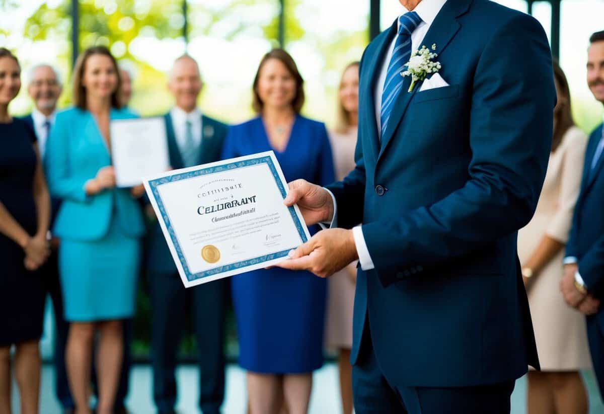 A celebrant holding a certificate while standing in front of a group of people
