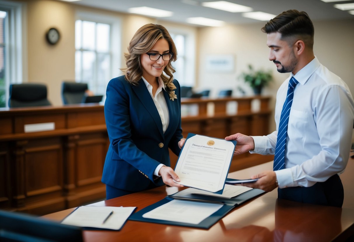 A person presenting official documents at a registry office counter