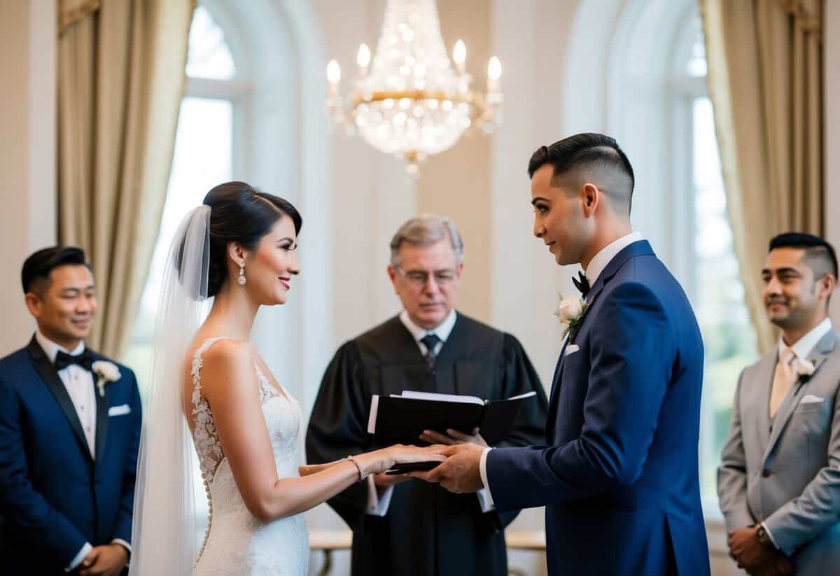 A formal wedding scene with a registrar officiating, featuring elegant attire such as a tuxedo, suit, or formal dress