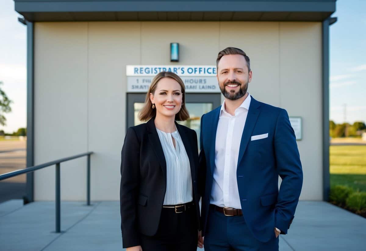 A couple stands in front of a registrar's office, dressed in smart casual attire. The building is simple and modern, with a sign displaying the office hours