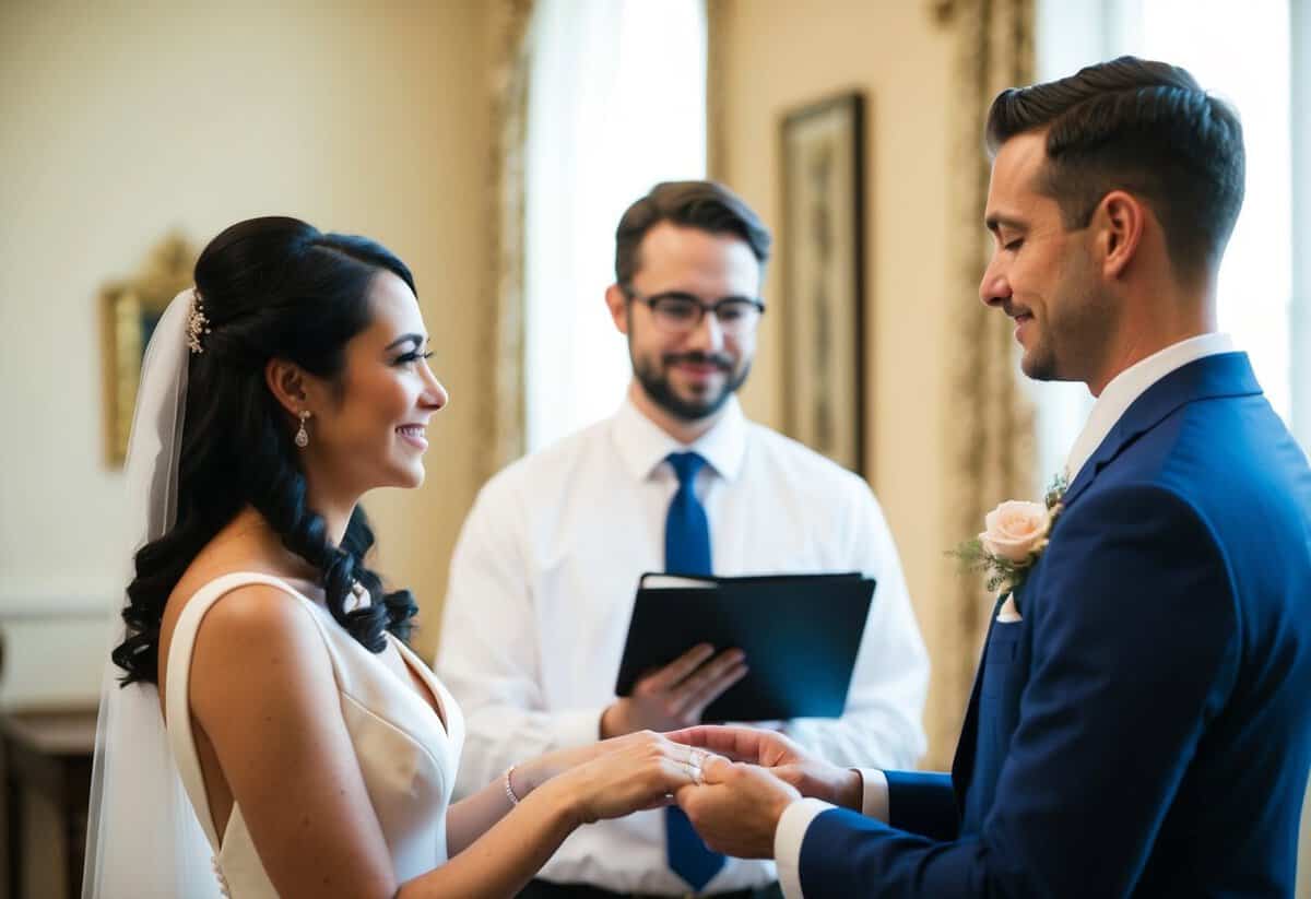 A bride and groom standing before a registrar, exchanging vows in a simple, elegant ceremony