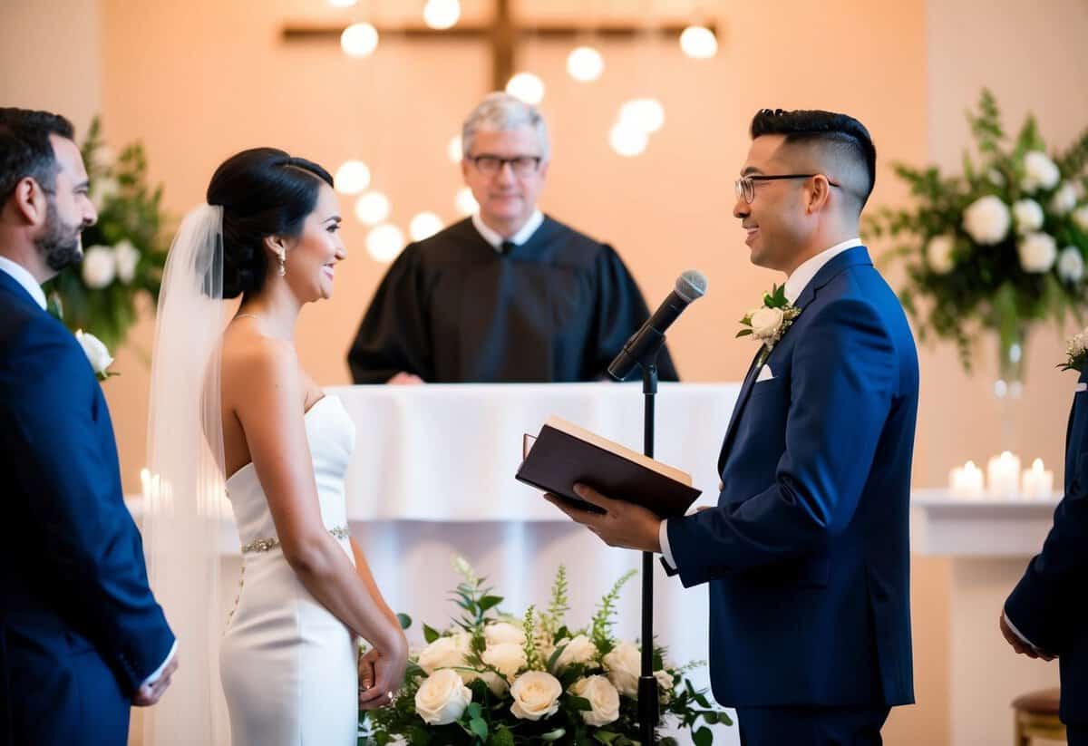 A celebrant officiates a wedding ceremony, standing at an altar with a couple in front of them. They hold a book and speak into a microphone