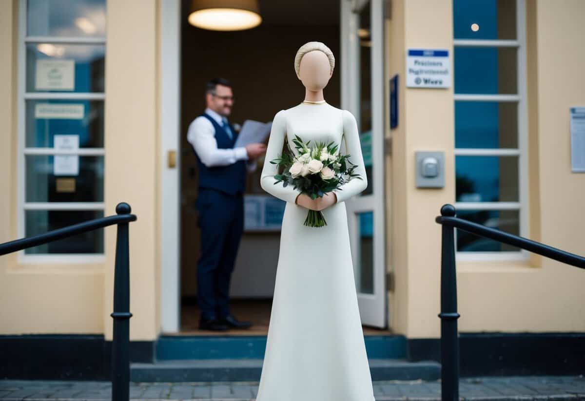 A figure stands in front of a registrar's office, wearing a simple yet elegant wedding outfit with a bouquet in hand