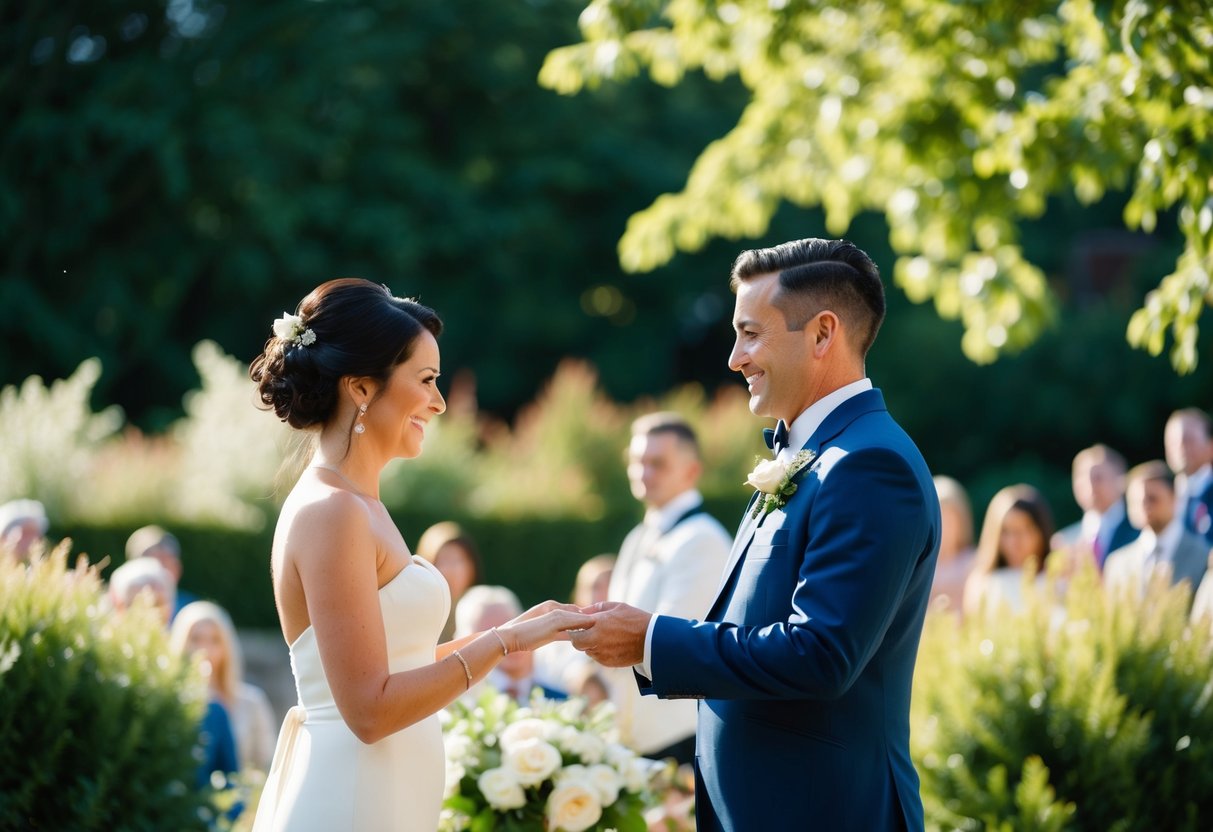 A celebrant performing a wedding ceremony in a beautiful garden setting
