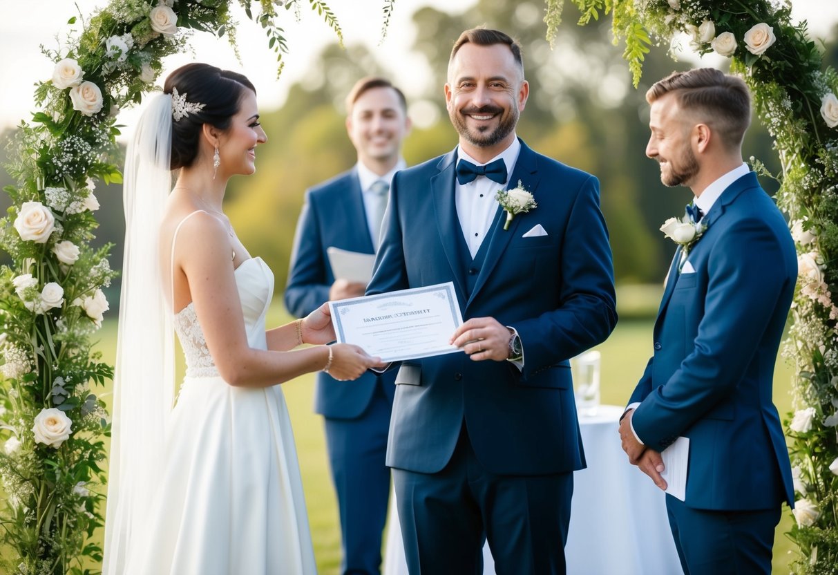 A celebrant standing in front of a couple, holding a marriage certificate and a pen, with a decorative wedding arch in the background