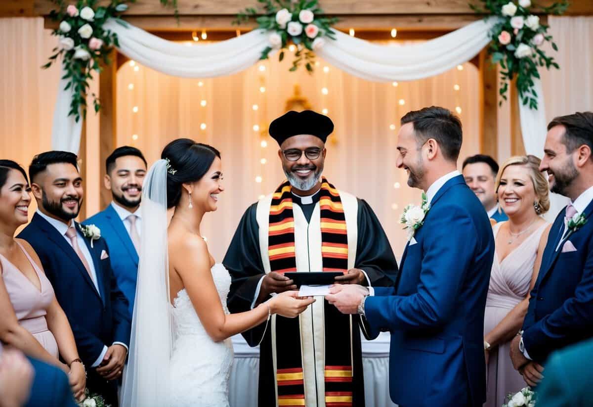 A celebrant stands at a wedding altar, surrounded by happy guests and decorated with flowers, while receiving payment from the couple