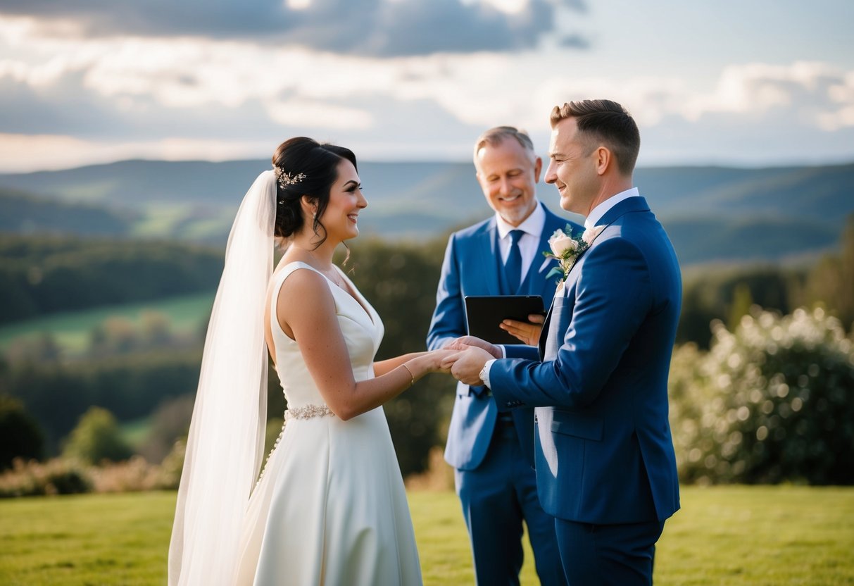 A celebrant legally marries two people in a scenic outdoor setting in the UK