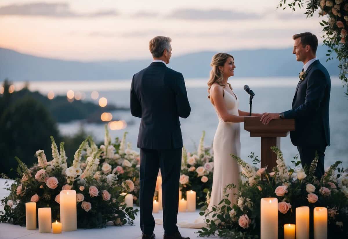 A figure stands at a podium, facing a couple. They are surrounded by flowers and candles, with a serene and intimate atmosphere