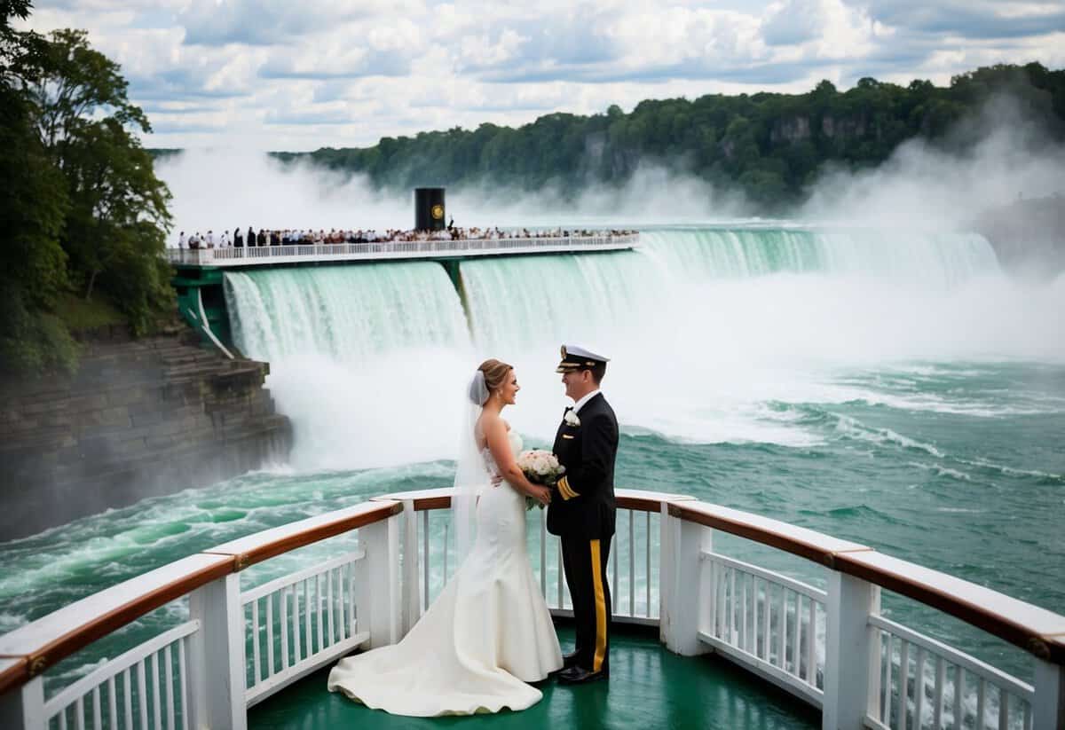 A bride and groom stand on the Maid of the Mist boat, surrounded by mist and the roaring Niagara Falls, as the captain officiates their wedding ceremony