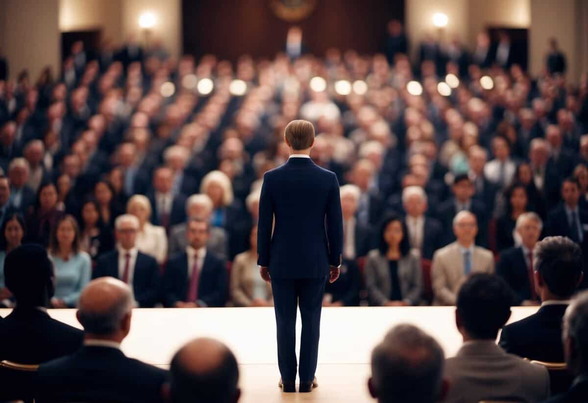 A figure stands at the front of a gathering, facing the audience with a sense of authority and solemnity