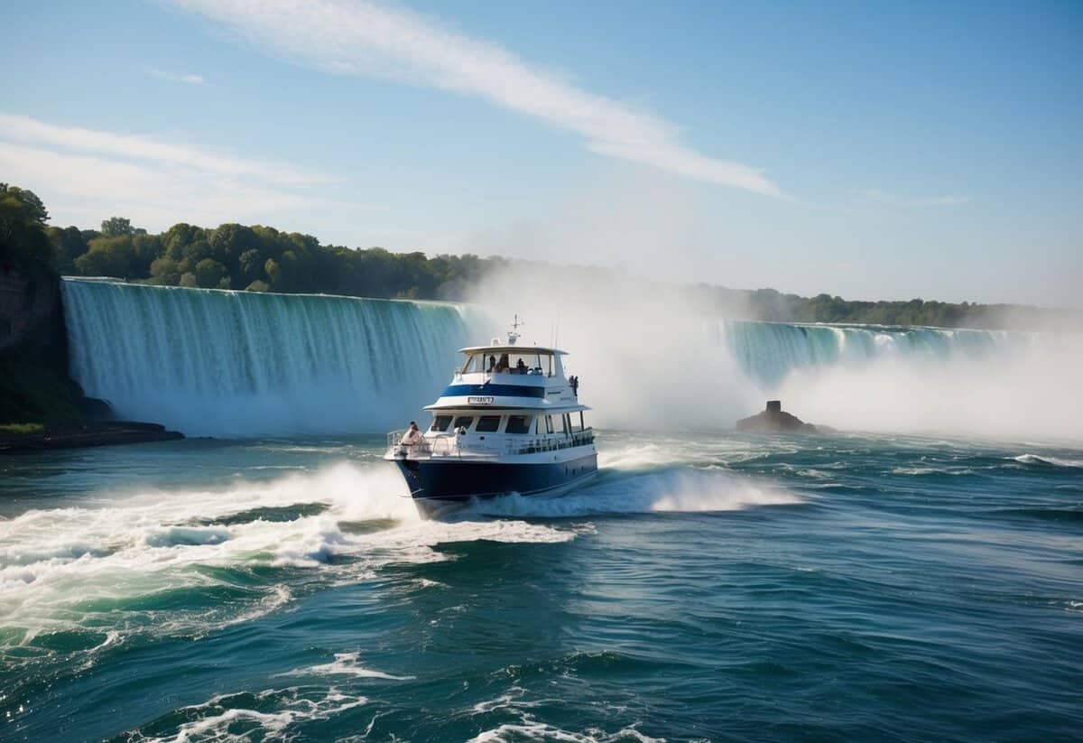 A boat approaches the misty base of Niagara Falls, with the captain standing at the helm, surrounded by the powerful rush of water
